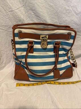 Michael Kors Blue and White Striped Canvas Tote with Brown Leather Trim